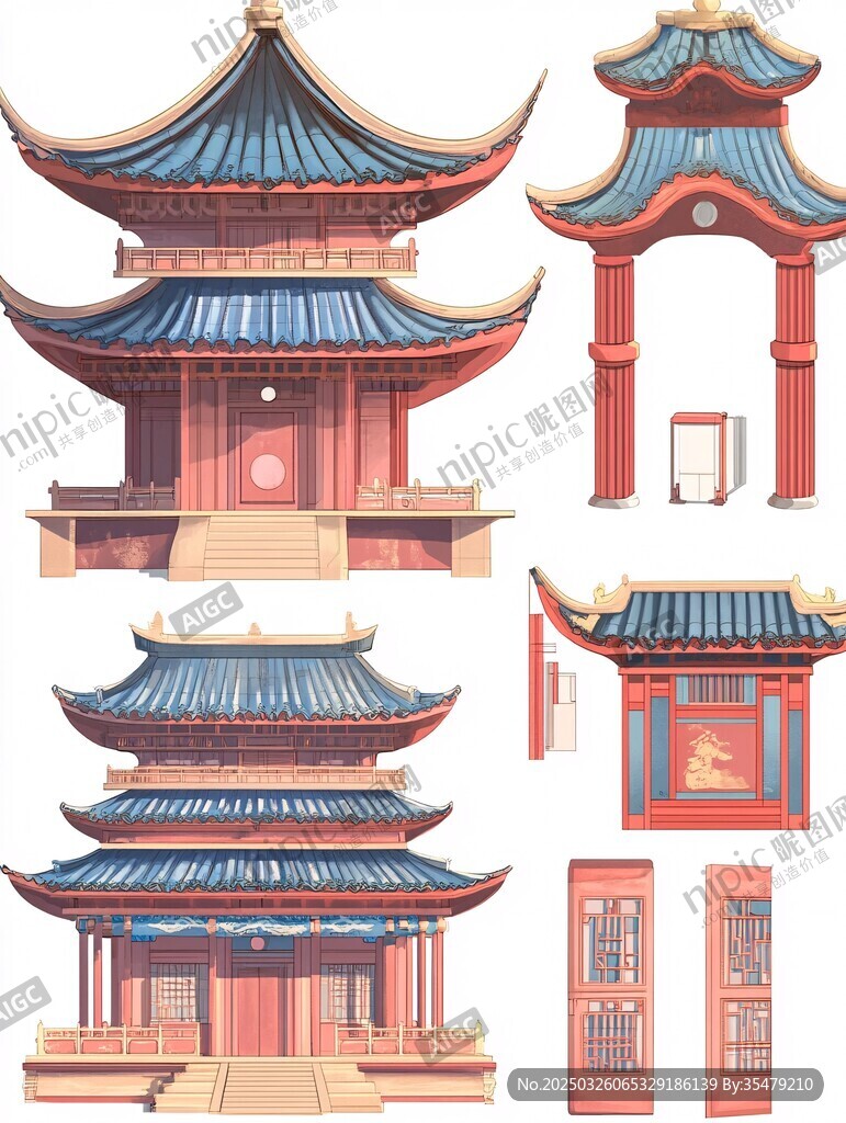 中式古建筑元素插畫集合