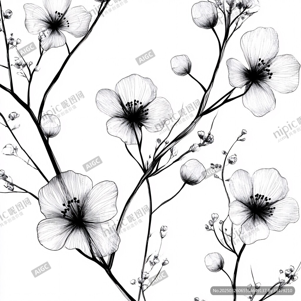 黑白花卉手繪插畫圖案