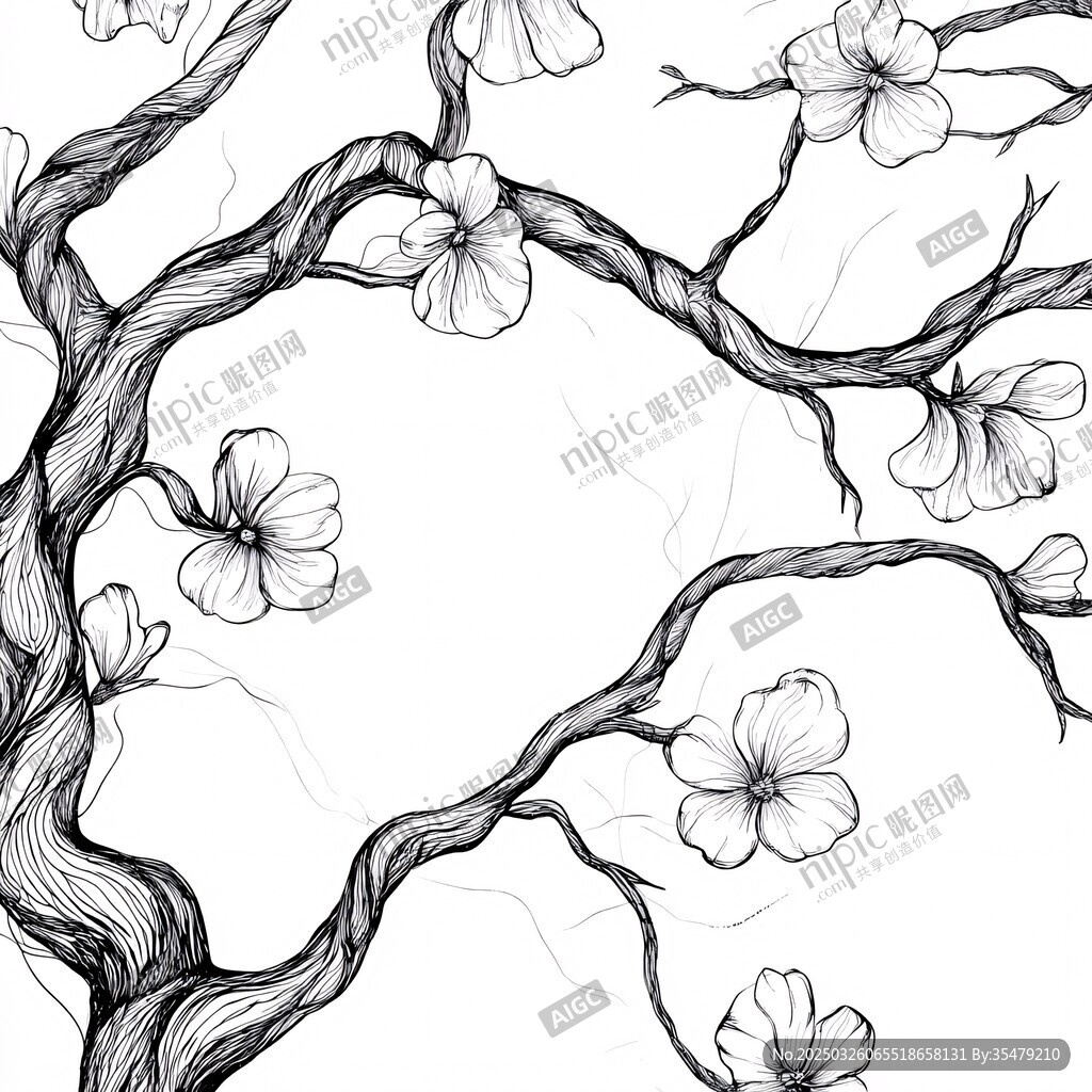 黑白手繪花卉樹枝圖案