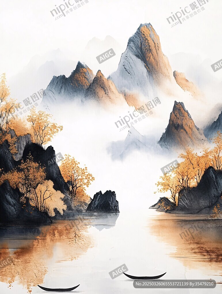 秋意山水間的靜謐扁舟