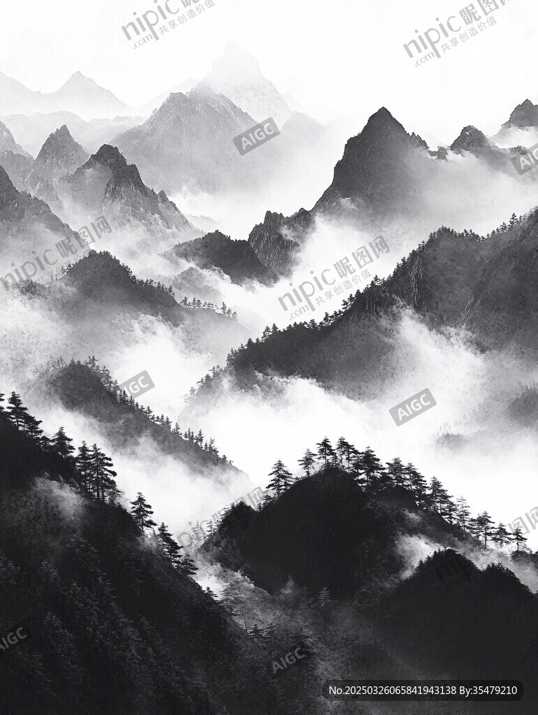 水墨群山云霧繚繞之景
