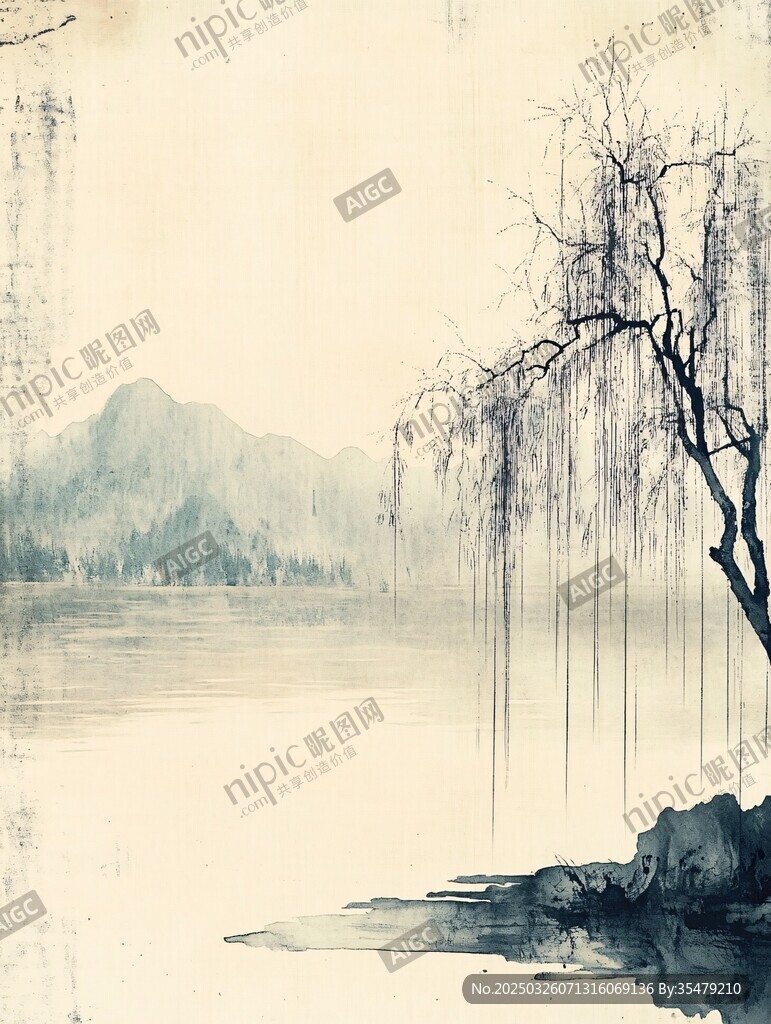 水墨湖畔垂柳圖