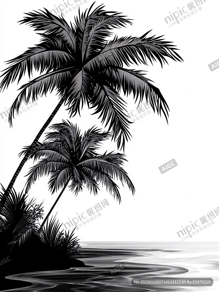 黑白風海邊椰樹景致