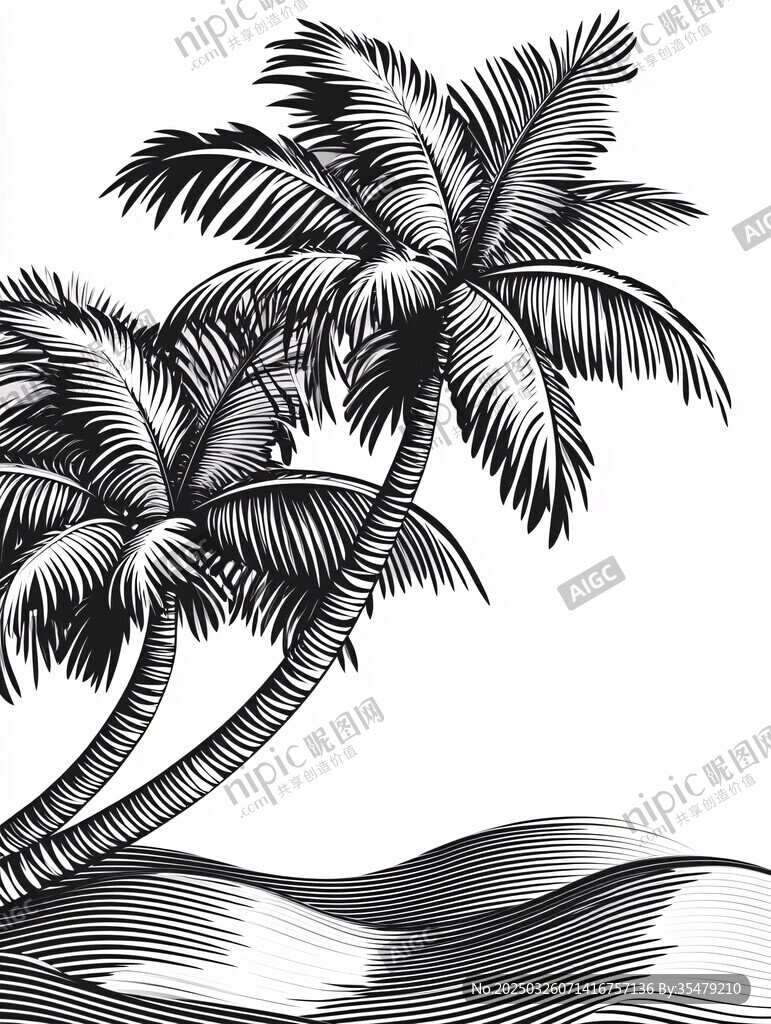 兩棵椰樹(shù)與波浪的黑白畫(huà)
