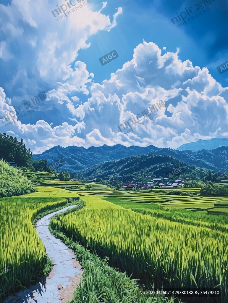 田園小徑旁的翠綠稻田風光
