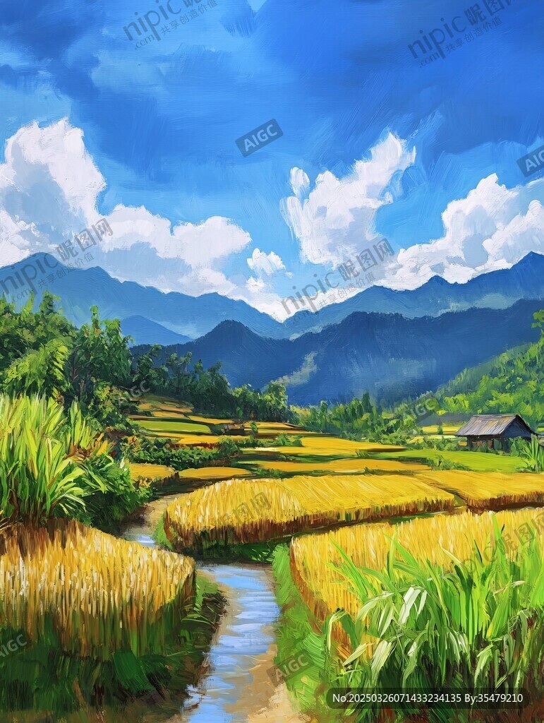 山間金黃稻田與清澈小溪