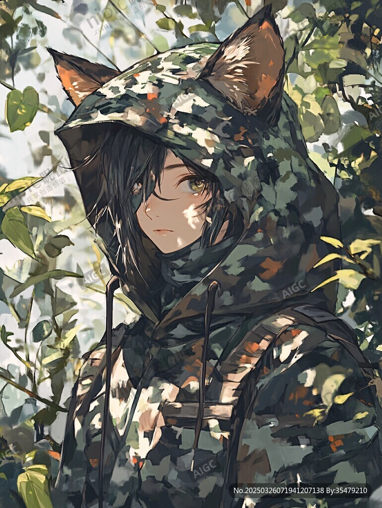 迷彩貓耳少女林間佇立