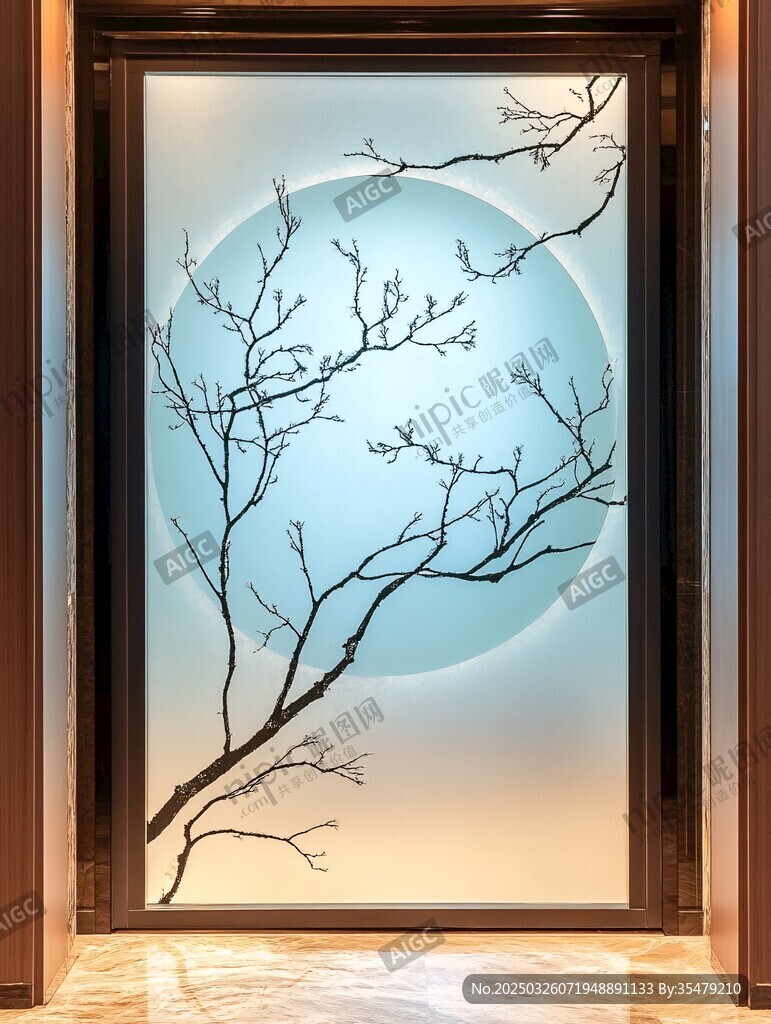 中式窗景 月夜枯樹之美