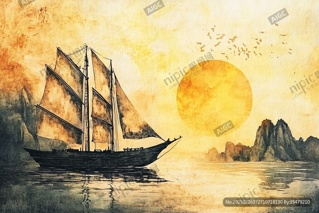 夕陽(yáng)下的帆船與壯美山水