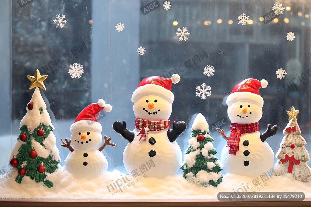 雪人圣誕樹裝點(diǎn)冬日窗景