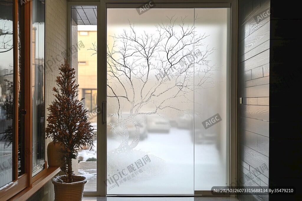 冬日室內透過玻璃看雪景