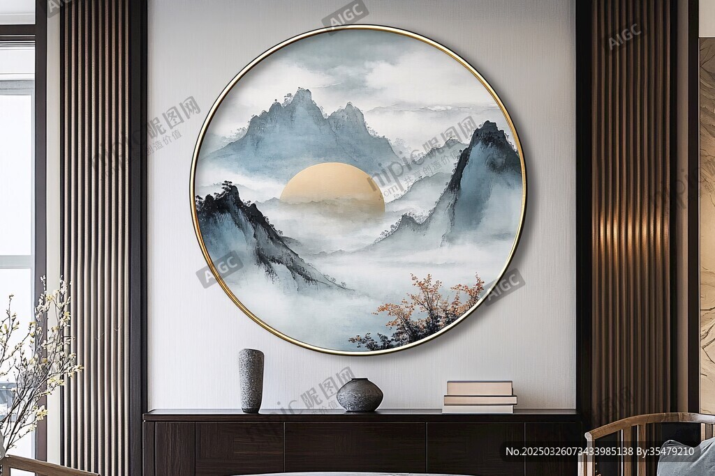 中式山水圓畫裝飾客廳
