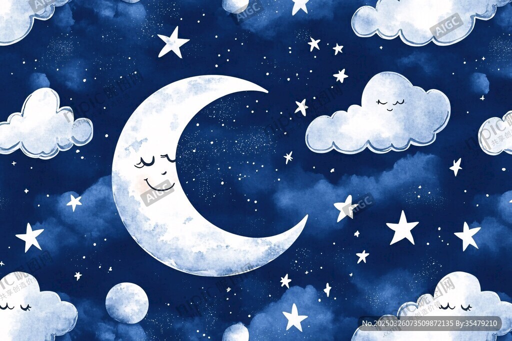 夢幻夜空下的微笑月亮云朵
