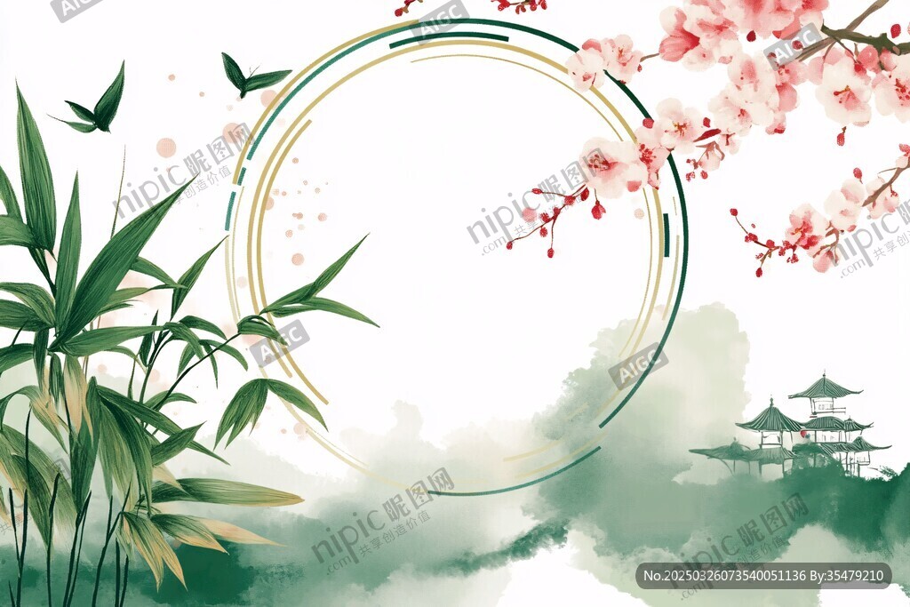 中式水墨風(fēng)植物山水圖景