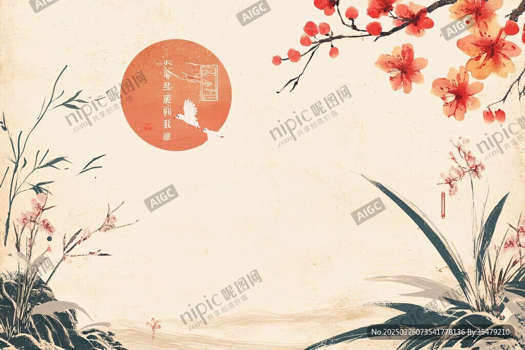 中式古風(fēng)花卉月夜背景圖