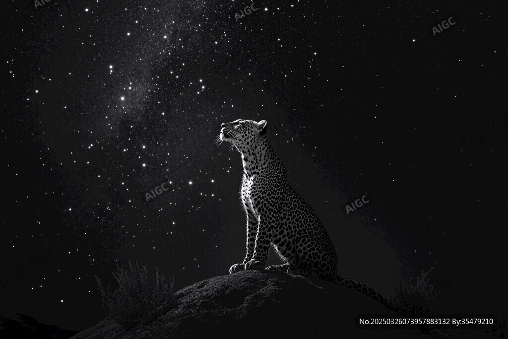月夜下的獵豹凝望星空