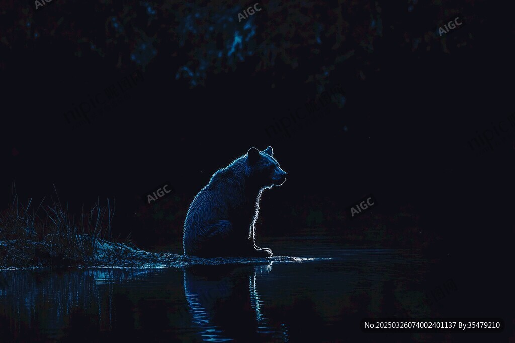夜中孤熊臨水靜立