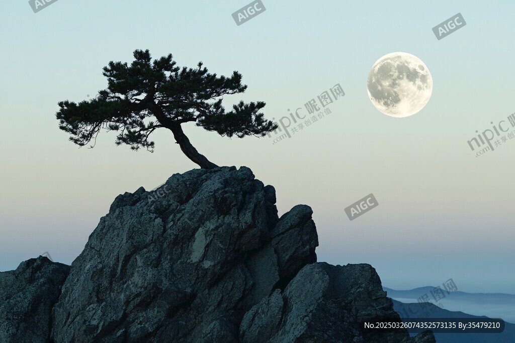 孤松伴月于山巔