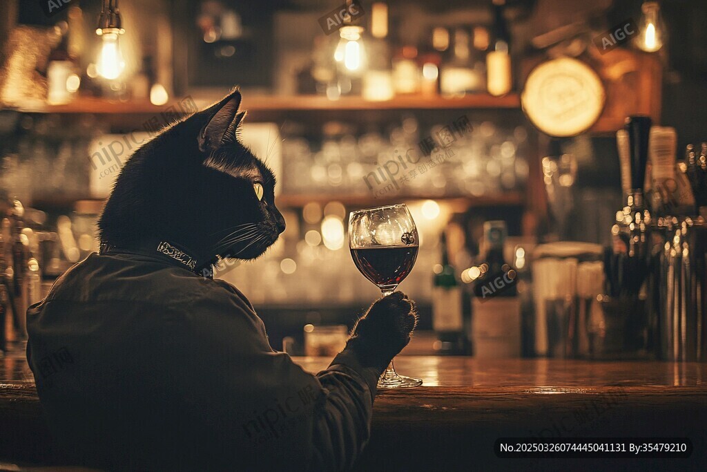 貓咪在酒吧優(yōu)雅舉杯賞酒
