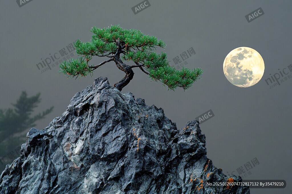 孤松映月于山巔