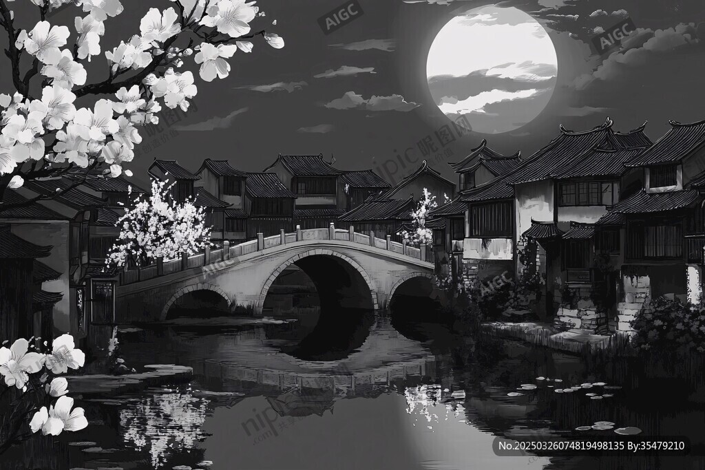 月夜水鄉(xiāng)橋畔繁花景