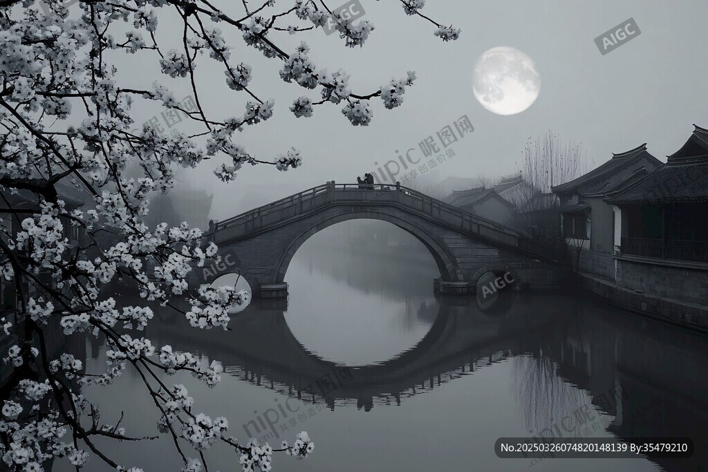 月夜橋畔綻花景