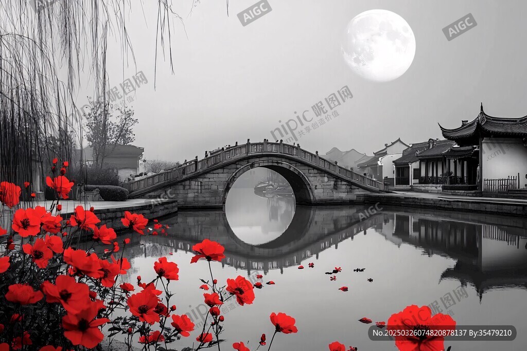 月夜下的中式水鄉美景