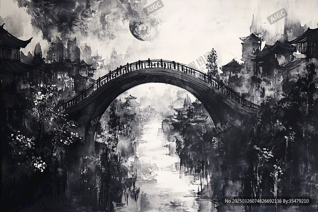 水墨古風(fēng)橋畔月夜景致