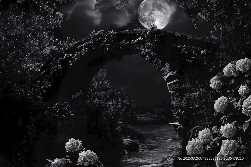 月夜下的石橋與繁花盛景