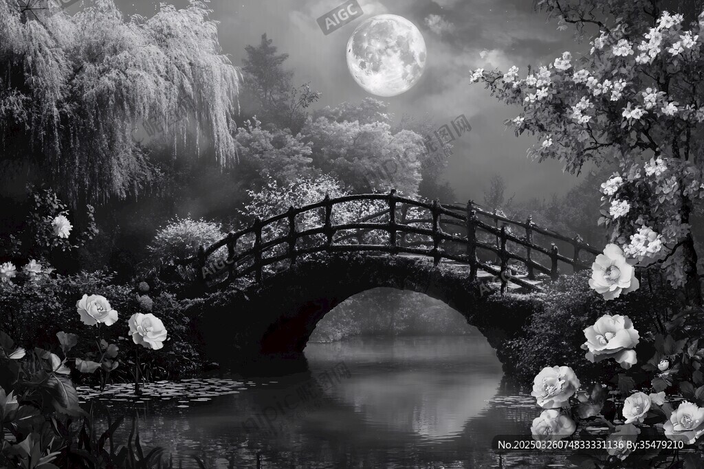 月夜下的橋畔花卉景致