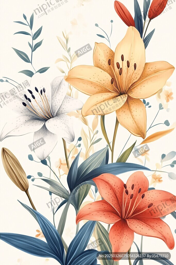 多彩百合花插畫