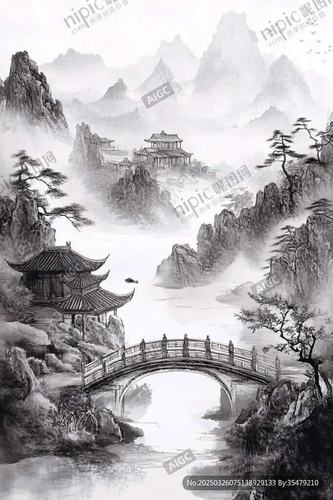 水墨山水間的古韻橋亭