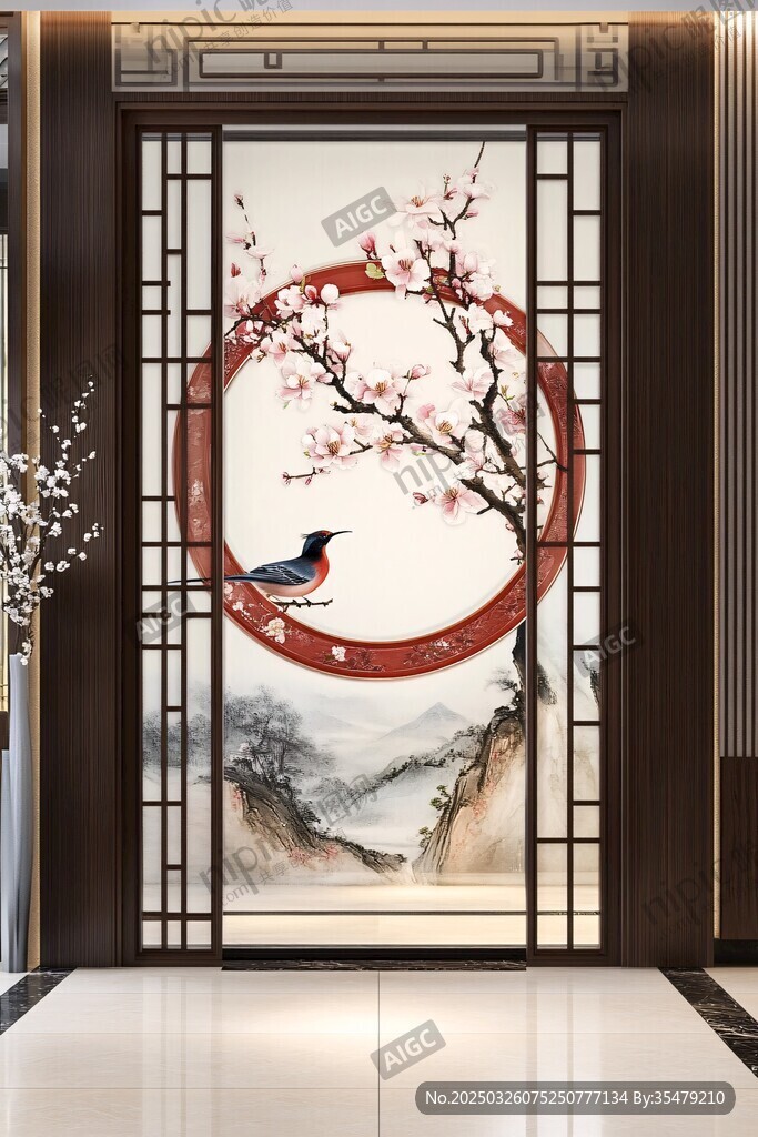 中式花鳥屏風 雅致玄關景