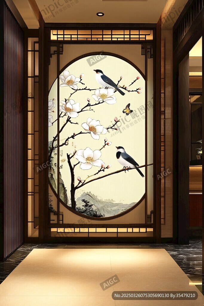 中式花鳥玄關屏風裝飾畫