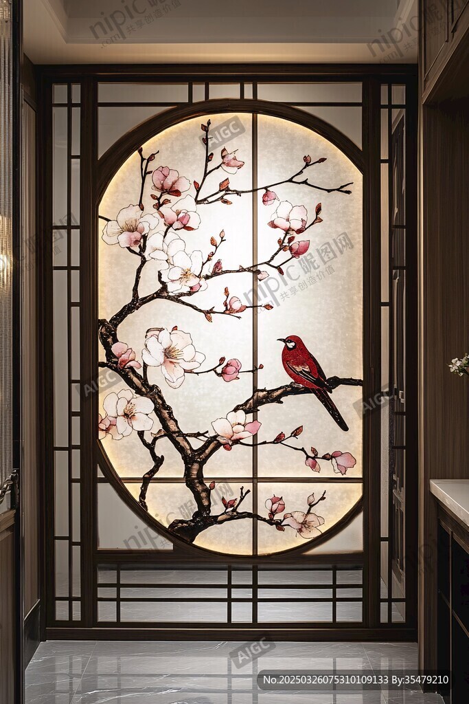 中式玄關(guān)花鳥裝飾屏風(fēng)