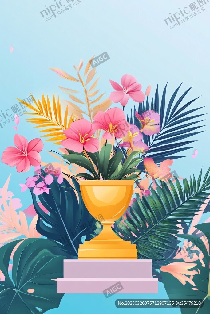 金色獎杯旁的繽紛花卉