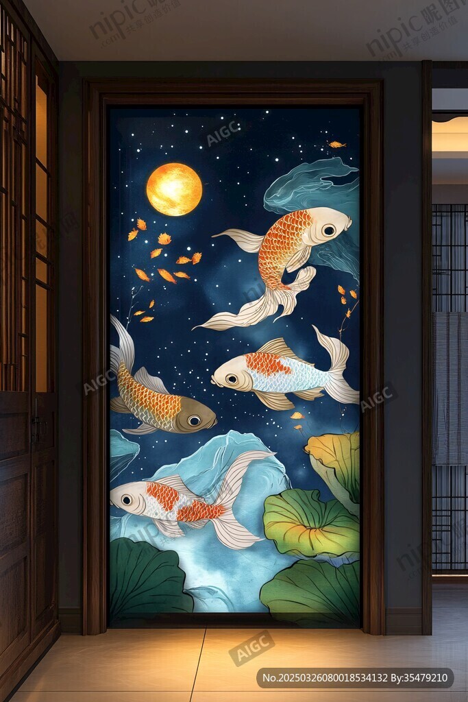 月夜錦鯉圖