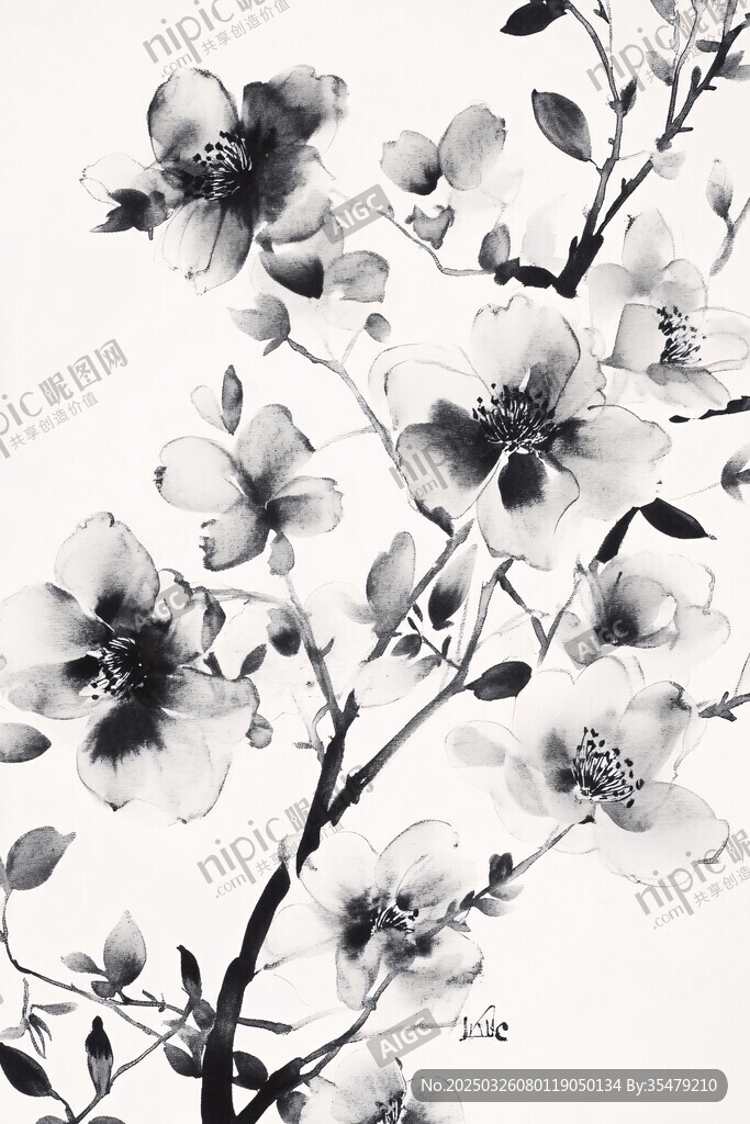 黑白花卉枝蔓藝術(shù)插畫