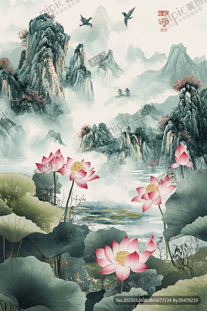 水墨山水間的荷花盛景