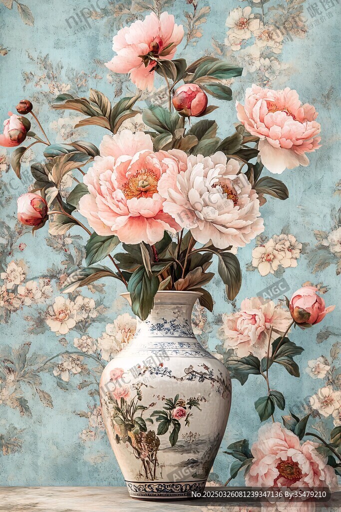 中式花瓶插粉白牡丹花