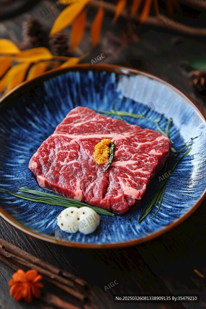 藍盤上的鮮嫩雪花牛肉