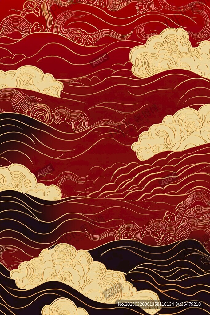 中式傳統(tǒng)云紋海浪紅色底紋