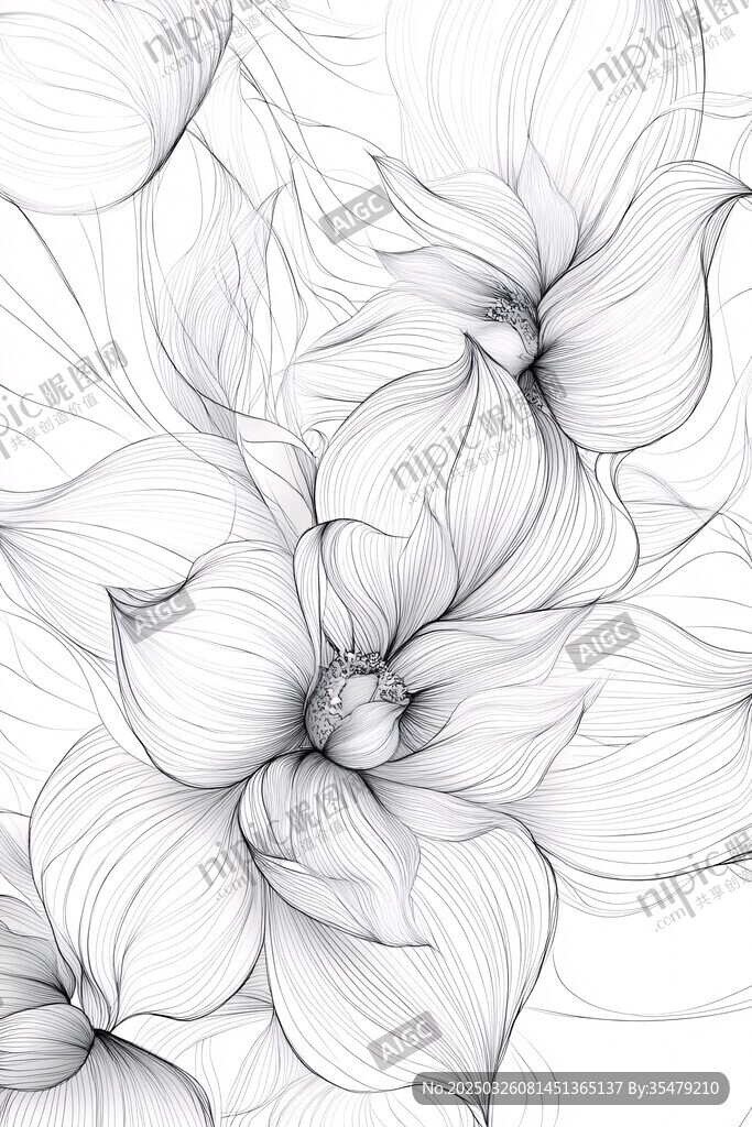 黑白線條花卉插畫