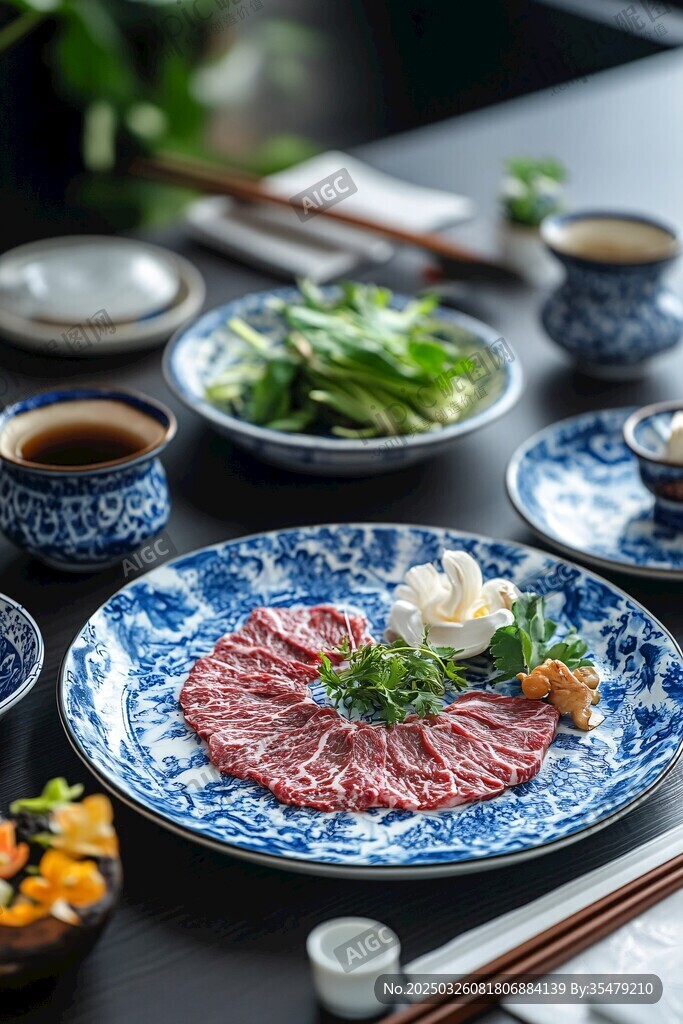 日式牛肉擺盤與配套小菜