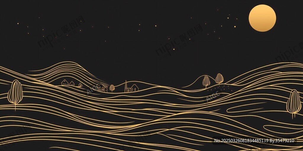 黑金月夜山水線條插畫