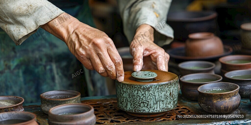 匠人手工制作古樸茶具