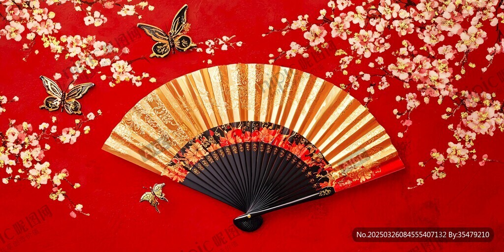 中式折扇點(diǎn)綴繁花紅背景