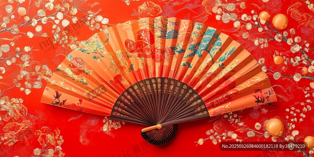 古典折扇置于喜慶紅底上