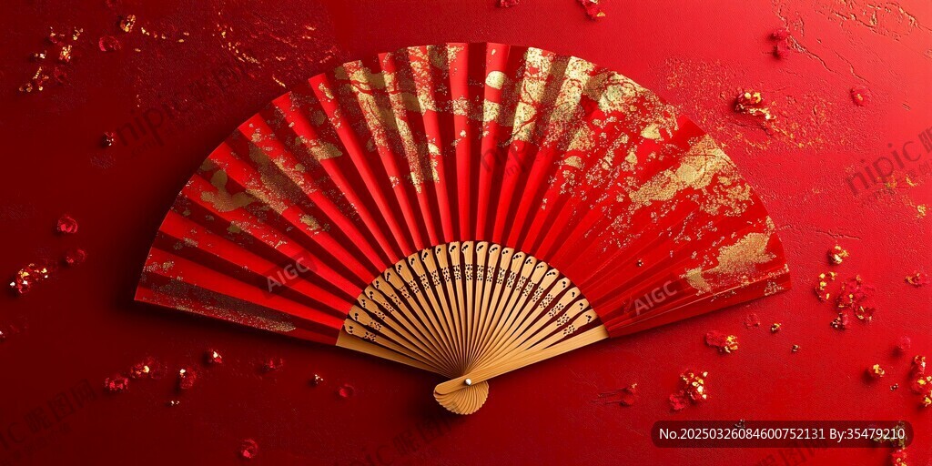中式紅金折扇 盡顯古韻雅致