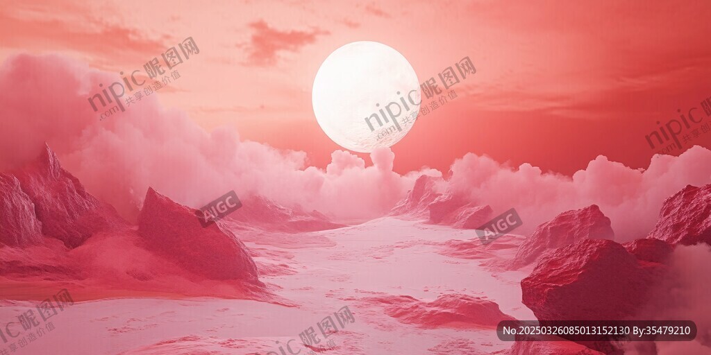 夢(mèng)幻紅月映山川美景